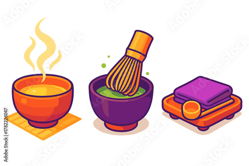 Isometric icons for tea ceremony and spa ritual with matcha, hot drink, and folded towels