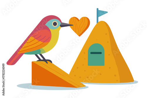 Colorful bird delivering a wooden heart to a whimsical sandcastle mailbox
