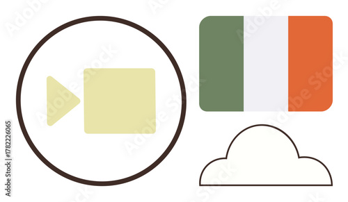Video icon in circle, Irish flag, and cloud shape. Ideal for communication, media, technology, nationality, data connection global reach. A simple flat metaphor