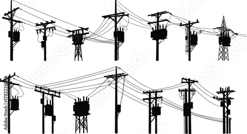 Utility pole and transmission tower silhouette set, electrical transformer vector illustration, power line infrastructure design, energy distribution flat vector