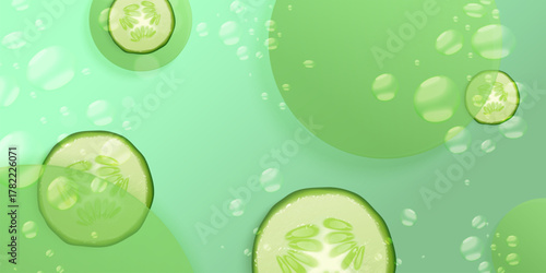 Cucumber serum. Realistic fresh cucumbers juice, skin care cosmetic product moisturizer for face clean water bubbles beauty advertising glass green background vector illustration