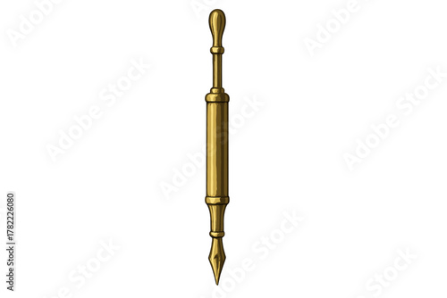 Antique golden brass ink pen with classic nib and plunger mechanism isolated on white