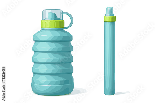 Collapsible turquoise water bottle and portable water filter component isolated on white background