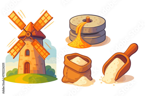 Traditional windmill, millstones, flour sack, and wooden scoop for baking and agriculture