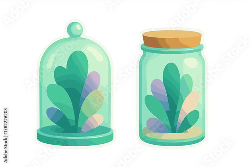 Stylized abstract plants growing inside a glass dome cloche and a sealed jar container