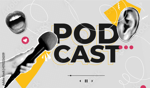 Podcast collage. Radio broadcast, talk show audio interview listen microphone news speech or music sing social media post banner retro halftone design, exact vector illustration