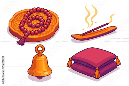 Spiritual and meditation objects set with prayer beads, burning incense, bell, and cushions