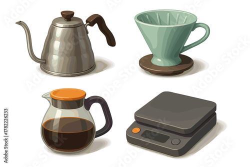 Essential pour-over coffee brewing equipment set including kettle dripper server and scale