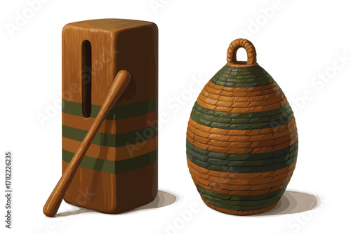 Detailed wooden percussion instrument and striped woven shaker isolated on white background
