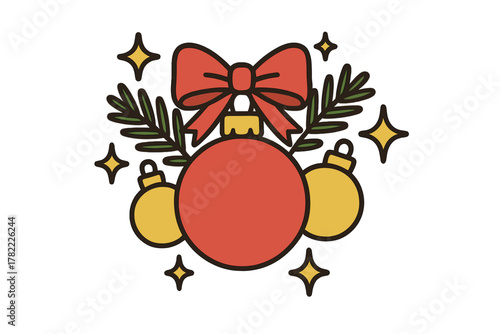 Classic holiday arrangement of three decorative baubles, a bright red ribbon, and green pine needles surrounded by stars