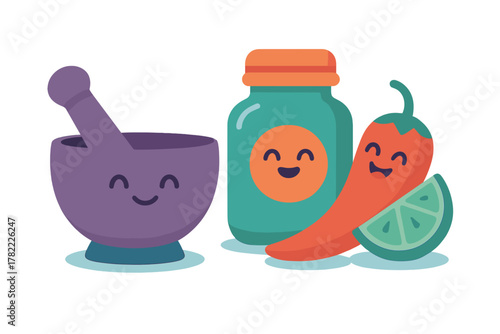 Cute smiling mortar and pestle with jar, chili pepper, and lime kitchen ingredients