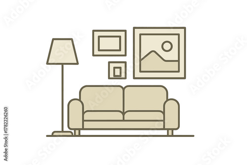 Minimalist living room interior with comfortable sofa, floor lamp, and framed artwork
