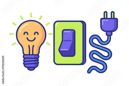 Collection of electrical components including happy light bulb, toggle switch, and winding power cable