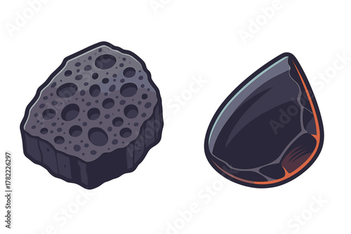 Stylized collection of space rocks including porous meteorite and glossy dark mineral fragment