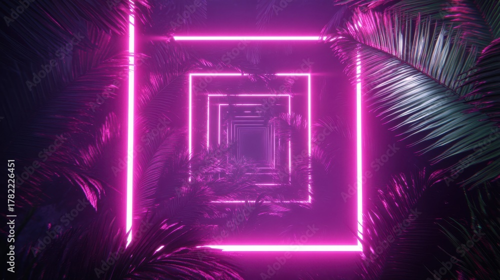 Fototapeta premium Neon pink square tunnel in a tropical jungle with palm leaves and futuristic ambiance
