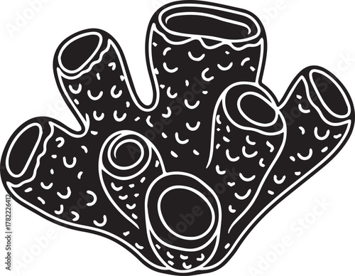 Black and white line art sponge marine life ocean coral reef underwater ecosystem detail
