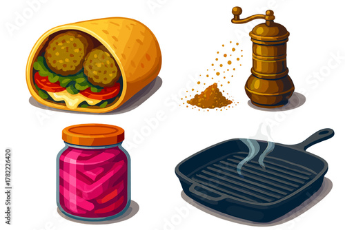 Stylized set of cooking essentials featuring falafel sandwich, spice mill, pickled onions, and hot grill pan