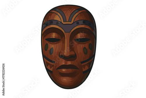 Traditional African style wooden ceremonial mask with decorative geometric patterns and rich wood grain texture
