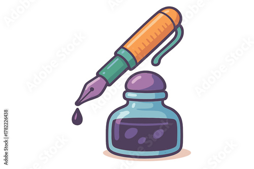 Stylized fountain pen with a drop of purple ink hovering over a glass inkwell