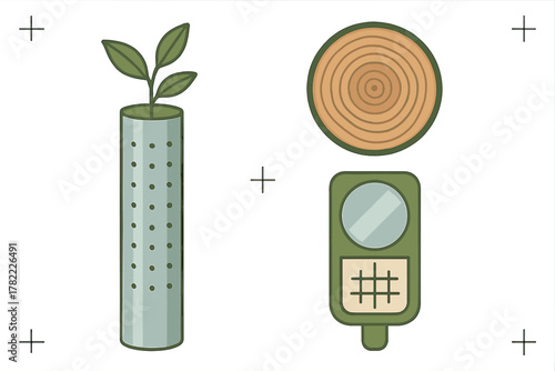 Environmental and forestry icons featuring young plant, tree trunk cross section, and GPS device