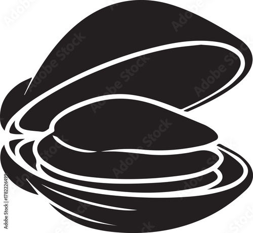 Black and white silhouette of an open oyster shell revealing delicious oyster meat inside