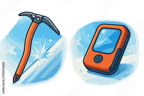 Ice axe and handheld GPS device resting on a snowy mountain slope during an alpine expedition