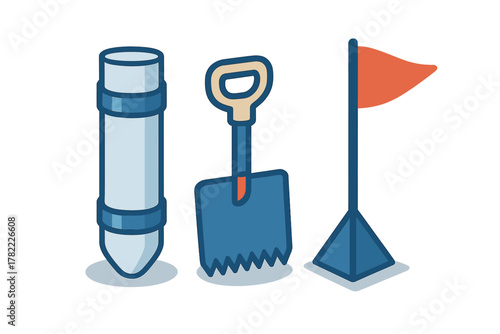 Essential outdoor tools set featuring a small shovel, soil sampler, and marker flag