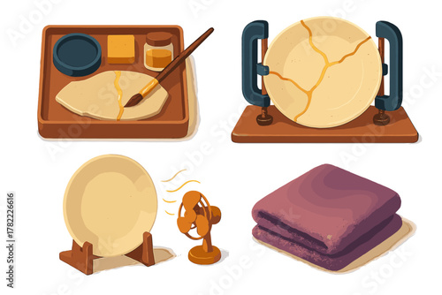 Traditional Japanese Kintsugi repair process showing broken pottery mended with gold lacquer and tools