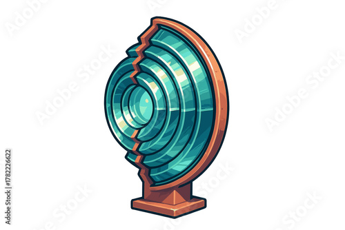 Futuristic stylized Fresnel lens structure with concentric teal rings mounted on a brown pedestal base