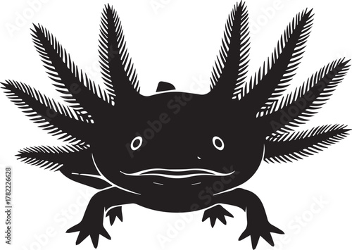 Cute black silhouette of an axolotl with feathery gills and wide eyes