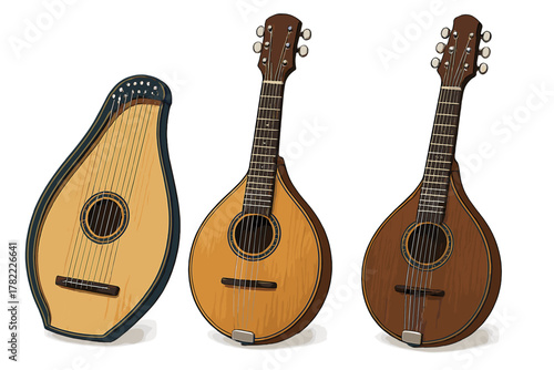 Variety of wooden string instruments featuring a zither and two different styles of mandolin