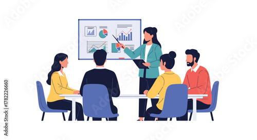 Professional team collaborating in modern office, presenting growth strategies on whiteboard with charts and graphs, inspiring success