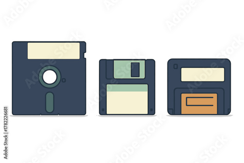 Set of vintage floppy disks representing old computer data storage and retro technology