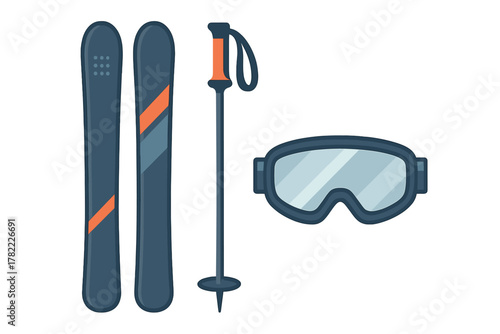 Downhill skiing equipment set featuring dark blue skis, pole, and protective goggles