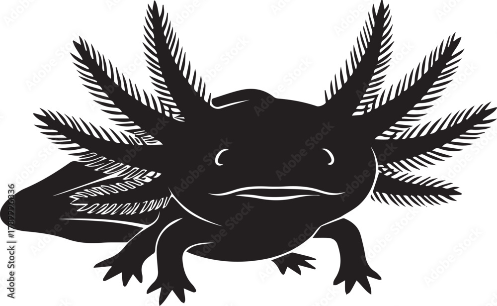 Naklejka premium Black silhouette of a cheerful amphibian axolotl with feathery gills smiling