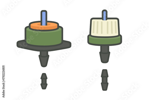 Two different types of drip irrigation emitters used for watering systems in agriculture and gardening