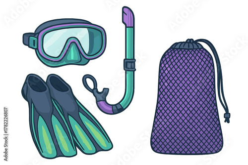 Colorful snorkeling and diving gear set including mask, fins, snorkel, and purple mesh bag