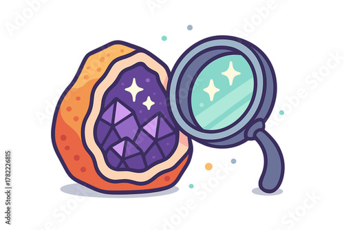 Magnifying glass examining colorful geode rock formation with sparkling purple crystals