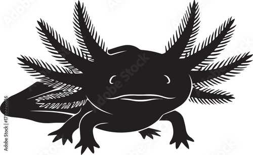 Black silhouette of a cheerful amphibian axolotl with feathery gills smiling