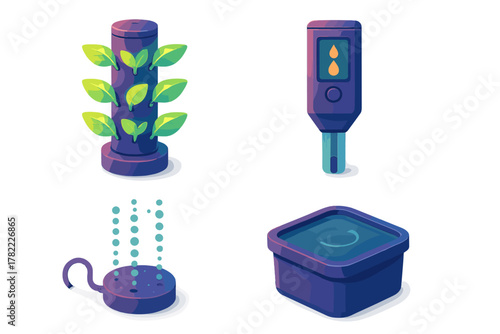 Modern hydroponic farming equipment set featuring vertical garden tower and nutrient tester