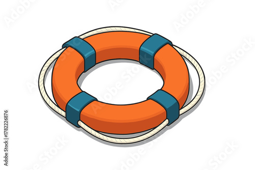 Classic orange lifebuoy safety ring with blue accents and white rope detail