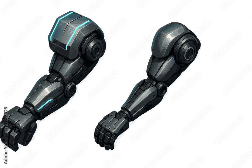 Detailed futuristic robotic arm design featuring glowing neon accents and metallic texture