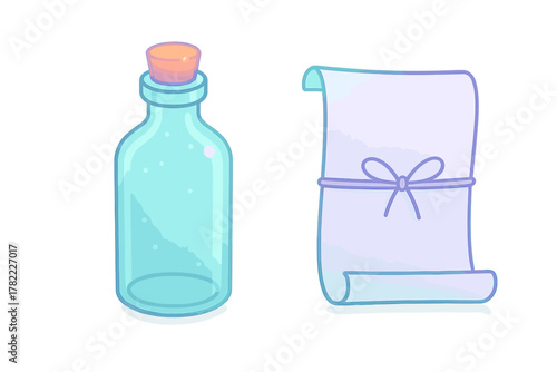 Stylized empty glass bottle with cork stopper and rolled paper scroll tied with ribbon