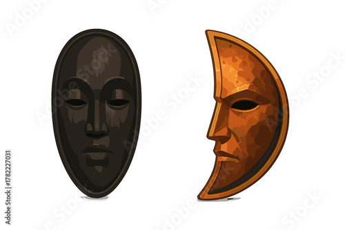Pair of contrasting decorative masks featuring dark wood texture and hammered copper finish