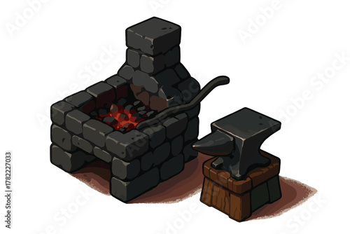 Traditional blacksmith forge with glowing hot coals and a heavy metal anvil