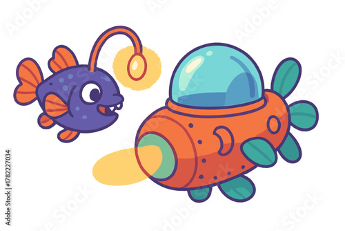 Cute cartoon anglerfish swimming next to a small orange deep sea exploration submarine