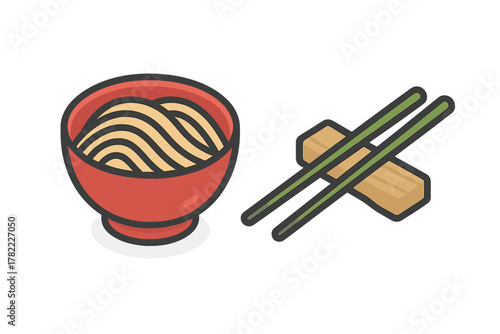Ramen noodles served in a red ceramic bowl with green eating chopsticks