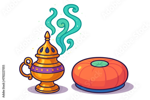 Ornate golden incense burner emitting magical turquoise smoke beside a round orange object