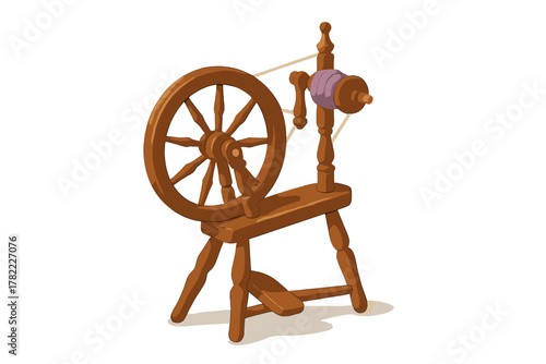 Classic wooden spinning wheel featuring a large drive wheel and spindle with purple thread