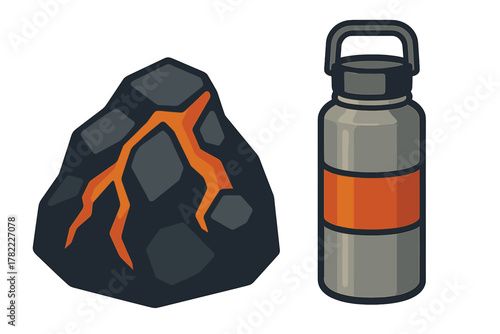 Volcanic rock with glowing lava cracks next to an insulated metal water bottle